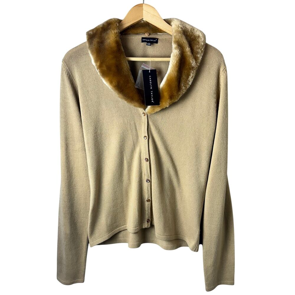 NWT Carolyn Taylor Sweater Faux Fur Collar Cardigan Timeless Womens Camel Brown